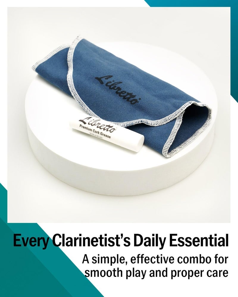 Libretto Clarinet Cleaning Swab Kit – Blue Teardrop-Shaped Pull-Through Microfiber Swab and 0.16 oz Cork Grease - Image 2